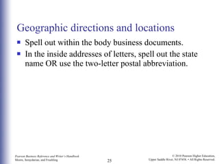 Geographic directions and locations Spell out within the body business documents. In the inside addresses of letters, spell out the state name OR use the two-letter postal abbreviation. 
