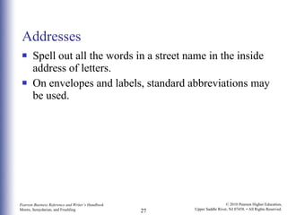 Addresses Spell out all the words in a street name in the inside address of letters. On envelopes and labels, standard abbreviations may be used. 