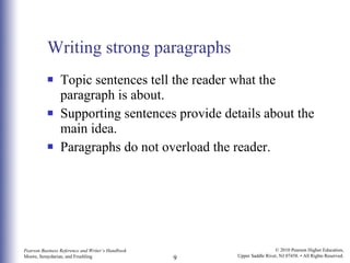 Writing strong paragraphs Topic sentences tell the reader what the paragraph is about.  Supporting sentences provide details about the main idea.  Paragraphs do not overload the reader. 