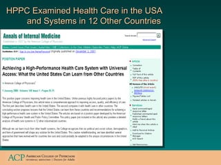 HPPC Examined Health Care in the USA  and Systems in 12 Other Countries 