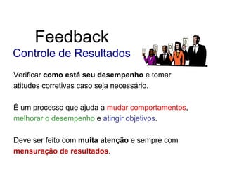 Feedback
Controle de Resultados
Verificar como está seu desempenho e tomar
atitudes corretivas caso seja necessário.

É um processo que ajuda a mudar comportamentos,
melhorar o desempenho e atingir objetivos.

Deve ser feito com muita atenção e sempre com
mensuração de resultados.
 