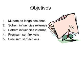 Objetivos

1.   Mudam ao longo dos anos
2.   Sofrem influencias externas
3.   Sofrem influencias internas
4.   Precisam ser flexíveis
5.   Precisam ser factíveis
 
