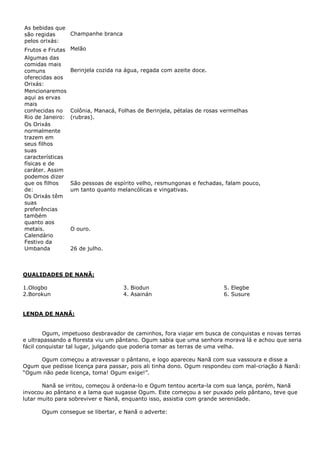 As bebidas que
são regidas
pelos orixás:
Champanhe branca
Frutos e Frutas Melão
Algumas das
comidas mais
comuns
oferecidas aos
Orixás:
Berinjela cozida na água, regada com azeite doce.
Mencionaremos
aqui as ervas
mais
conhecidas no
Rio de Janeiro:
Colônia, Manacá, Folhas de Berinjela, pétalas de rosas vermelhas
(rubras).
Os Orixás
normalmente
trazem em
seus filhos
suas
características
físicas e de
caráter. Assim
podemos dizer
que os filhos
de:
São pessoas de espírito velho, resmungonas e fechadas, falam pouco,
um tanto quanto melancólicas e vingativas.
Os Orixás têm
suas
preferências
também
quanto aos
metais. O ouro.
Calendário
Festivo da
Umbanda 26 de julho.
QUALIDADES DE NANÃ:
1.Ologbo
2.Borokun
3. Biodun
4. Asainán
5. Elegbe
6. Susure
LENDA DE NANÃ:
Ogum, impetuoso desbravador de caminhos, fora viajar em busca de conquistas e novas terras
e ultrapassando a floresta viu um pântano. Ogum sabia que uma senhora morava lá e achou que seria
fácil conquistar tal lugar, julgando que poderia tomar as terras de uma velha.
Ogum começou a atravessar o pântano, e logo apareceu Nanã com sua vassoura e disse a
Ogum que pedisse licença para passar, pois ali tinha dono. Ogum respondeu com mal-criação à Nanã:
“Ogum não pede licença, toma! Ogum exige!”.
Nanã se irritou, começou à ordena-lo e Ogum tentou acerta-la com sua lança, porém, Nanã
invocou ao pântano e a lama que sugasse Ogum. Este começou a ser puxado pelo pântano, teve que
lutar muito para sobreviver e Nanã, enquanto isso, assistia com grande serenidade.
Ogum consegue se libertar, e Nanã o adverte:
 