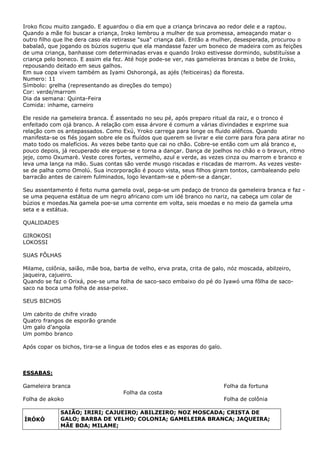 Iroko ficou muito zangado. E aguardou o dia em que a criança brincava ao redor dele e a raptou.
Quando a mãe foi buscar a criança, Iroko lembrou a mulher de sua promessa, ameaçando matar o
outro filho que lhe dera caso ela retirasse "sua" criança dali. Então a mulher, desesperada, procurou o
babalaô, que jogando os búzios sugeriu que ela mandasse fazer um boneco de madeira com as feições
de uma criança, banhasse com determinadas ervas e quando Iroko estivesse dormindo, substituísse a
criança pelo boneco. E assim ela fez. Até hoje pode-se ver, nas gameleiras brancas o bebe de Iroko,
repousando deitado em seus galhos.
Em sua copa vivem também as Iyami Oshorongá, as ajés (feiticeiras) da floresta.
Numero: 11
Símbolo: grelha (representando as direções do tempo)
Cor: verde/marrom
Dia da semana: Quinta-Feira
Comida: inhame, carneiro
Ele reside na gameleira branca. É assentado no seu pé, após preparo ritual da raiz, e o tronco é
enfeitado com ojá branco. A relação com essa árvore é comum a várias divindades e exprime sua
relação com os antepassados. Como Exú, Yroko carrega para longe os fluido aléficos. Quando
manifesta-se os fiés jogam sobre ele os fluídos que querem se livrar e ele corre para fora para atirar no
mato todo os malefícios. As vezes bebe tanto que cai no chão. Cobre-se então com um alá branco e,
pouco depois, já recuperado ele ergue-se e torna a dançar. Dança de joelhos no chão e o bravun, ritmo
jeje, como Oxumarè. Veste cores fortes, vermelho, azul e verde, as vezes cinza ou marrom e branco e
leva uma lança na mão. Suas contas são verde musgo riscadas e riscadas de marrom. As vezes veste-
se de palha como Omolú. Sua incorporação é pouco vista, seus filhos giram tontos, cambaleando pelo
barracão antes de cairem fulminados, logo levantam-se e pôem-se a dançar.
Seu assentamento é feito numa gamela oval, pega-se um pedaço de tronco da gameleira branca e faz -
se uma pequena estátua de um negro africano com um idé branco no nariz, na cabeça um colar de
búzios e moedas.Na gamela poe-se uma corrente em volta, seis moedas e no meio da gamela uma
seta e a estátua.
QUALIDADES
GIROKOSI
LOKOSSI
SUAS FÔLHAS
Milame, colônia, saião, mãe boa, barba de velho, erva prata, crita de galo, nóz moscada, abilzeiro,
jaqueira, cajueiro.
Quando se faz o Orixá, poe-se uma folha de saco-saco embaixo do pé do Iyawó uma fôlha de saco-
saco na boca uma folha de assa-peixe.
SEUS BICHOS
Um cabrito de chifre virado
Quatro frangos de esporão grande
Um galo d'angola
Um pombo branco
Após copar os bichos, tira-se a lingua de todos eles e as esporas do galo.
ESSABAS:
Gameleira branca
Folha de akoko
Folha da costa
Folha da fortuna
Folha de colônia
ÌRÓKÒ
SAIÃO; IRIRI; CAJUEIRO; ABILZEIRO; NOZ MOSCADA; CRISTA DE
GALO; BARBA DE VELHO; COLONIA; GAMELEIRA BRANCA; JAQUEIRA;
MÃE BOA; MILAME;
 