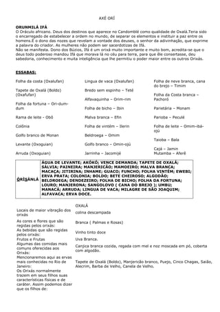 AXÉ ORÍ
ORUNMILÁ IFÁ
O Oráculo africano. Deus dos destinos que aparece no Candomblé como qualidade de Oxalá.Teria sido
o encarregado de estabelecer a ordem no mundo, de separar os elementos e instituir a paz entre os
homens.É o dono das nozes que revelam a vontade dos deuses, o senhor da adivinhação, que exprime
a palavra do criador. As mulheres não podem ser sacerdotizas de Ifá.
Não se manifesta. Dono dos Búzios, Ifá é um orixá muito importante e muito bom, acredita-se que o
deus todo poderoso mandou Ifá que morava lá no céu para terra, para que êle consertasse, deu
sabedoria, conhecimento e muita inteligência que lhe permitiu o poder maior entre os outros Orixás.
ESSABAS:
Folha da costa (Oxalufan)
Tapete de Oxalá (Boldo)
(Oxafufan)
Folha da fortuna – Ori-dum-
dum
Rama de leite - Obô
Colônia
Golfo branco de Monan
Levante (Oxoguian)
Arruda (Oxoguian)
Lingua de vaca (Oxalufan)
Bredo sem espinho – Teté
Alfavaquinha – Orim-rim
Folha de bicho – Ibin
Malva branca – Efin
Folha de vintém – Ilerin
Beldroega – Omim
Golfo branco – Omin-ojú
Jarrinha – Jacomijé
Folha de neve branca, cana
do brejo – Timim
Folha da Costa branca –
Pachoró
Parietária – Monam
Parioba – Peculé
Folha de leite – Omim-ibá-
ojú
Taioba – Bala
Cajá – Jamin
Mutamba – Aferê
ÒRÌSÀNLÁ
ÁGUA DE LEVANTE; AKÓKÓ; VENCE DEMANDA; TAPETE DE OXALÁ;
SÁLVIA; PAINEIRA; MANJERICÃO; MAMOEIRO; MALVA BRANCA;
MACAÇA; JITIRINA; INHAME; GUACO; FUNCHO; FOLHA VINTÉM; EWEBI;
ERVA PRATA; COLONIA; BOLDO; BETE CHEIROSO; ALGODÃO;
BELDROEGA; DENDEZEIRO; FOLHA DE BICHO; FOLHA DA FORTUNA;
LOURO; MANJERONA; SANGOLOVO ( CANA DO BREJO ); UMBU;
MANACÁ; ARRUDA; LINGUA DE VACA; MILAGRE DE SÃO JOAQUIM;
ALFAVACA; ERVA DOCE.
OXALÁ
Locais de maior vibração dos
orixás
colina descampada
As cores e flores que são
regidas pelos orixás:
Branca ( Palmas e Rosas)
As bebidas que são regidas
pelos orixás:
Vinho tinto doce
Frutos e Frutas Uva Branca.
Algumas das comidas mais
comuns oferecidas aos
Orixás:
Canjica branca cozida, regada com mel e noz moscada em pó, coberta
com algodão.
Mencionaremos aqui as ervas
mais conhecidas no Rio de
Janeiro:
Tapete de Oxalá (Boldo), Manjericão branco, Puejo, Cinco Chagas, Saião,
Alecrim, Barba de Velho, Canela de Velho.
Os Orixás normalmente
trazem em seus filhos suas
características físicas e de
caráter. Assim podemos dizer
que os filhos de:
 