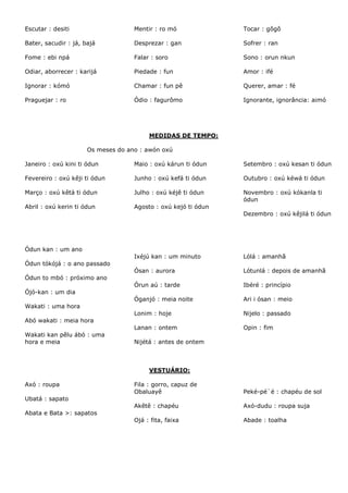 Escutar : desiti
Bater, sacudir : já, bajá
Fome : ebi npá
Odiar, aborrecer : karijá
Ignorar : kómó
Praguejar : ro
Mentir : ro mó
Desprezar : gan
Falar : soro
Piedade : fun
Chamar : fun pê
Ódio : fagurômo
Tocar : gôgô
Sofrer : ran
Sono : orun nkun
Amor : ifé
Querer, amar : fé
Ignorante, ignorância: aimó
MEDIDAS DE TEMPO:
Os meses do ano : awón oxú
Janeiro : oxú kini ti ódun
Fevereiro : oxú kêji ti ódun
Março : oxú kêtá ti ódun
Abril : oxú kerin ti ódun
Maio : oxú kárun ti ódun
Junho : oxú kefá ti ódun
Julho : oxú kéjê ti ódun
Agosto : oxú kejó ti ódun
Setembro : oxú kesan ti ódun
Outubro : oxú kéwá ti ódun
Novembro : oxú kókanla ti
ódun
Dezembro : oxú kêjilá ti ódun
Ódun kan : um ano
Ódun tókójá : o ano passado
Ódun to mbó : próximo ano
Ójó-kan : um dia
Wakati : uma hora
Abó wakati : meia hora
Wakati kan pêlu ábó : uma
hora e meia
Ixéjú kan : um minuto
Ósan : aurora
Órun aú : tarde
Óganjó : meia noite
Lonim : hoje
Lanan : ontem
Nijétá : antes de ontem
Lólá : amanhã
Lótunlá : depois de amanhã
Ibéré : princípio
Ari i ósan : meio
Nijelo : passado
Opin : fim
VESTUÁRIO:
Axó : roupa
Ubatá : sapato
Abata e Bata >: sapatos
Fila : gorro, capuz de
Obaluayê
Akêtê : chapéu
Ojá : fita, faixa
Peké-pé`é : chapéu de sol
Axó-dudu : roupa suja
Abade : toalha
 