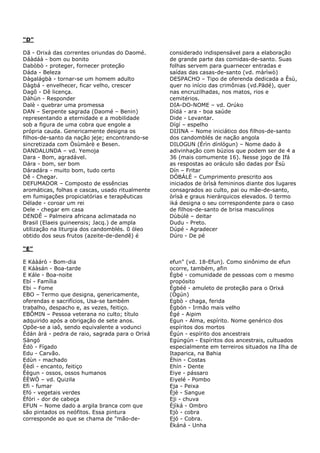 “D”
Dã - Orixá das correntes oriundas do Daomé.
Dáàdáà - bom ou bonito
Dabòbò - proteger, fornecer proteção
Dáda - Beleza
Dàgalágbà - tornar-se um homem adulto
Dàgbá - envelhecer, ficar velho, crescer
Dagô - Dê licença.
Dáhùn - Responder
Dalè - quebrar uma promessa
DAN – Serpente sagrada (Daomé – Benin)
representando a eternidade e a mobilidade
sob a figura de uma cobra que engole a
própria cauda. Genericamente designa os
filhos-de-santo da nação jeje; encontrando-se
sincretizada com Òsùmàrè e Besen.
DANDALUNDA – vd. Yemoja
Dara - Bom, agradável.
Dára - bom, ser bom
Dáradára - muito bom, tudo certo
Dê - Chegar.
DEFUMADOR – Composto de essências
aromáticas, folhas e cascas, usado ritualmente
em fumigações propiciatórias e terapêuticas
Délade - coroar um rei
Dele - chegar em casa
DENDÊ – Palmeira africana aclimatada no
Brasil (Elaeis guineensis; Jacq.) de ampla
utilização na liturgia dos candomblés. 0 óleo
obtido dos seus frutos (azeite-de-dendê) é
considerado indispensável para a elaboração
de grande parte das comidas-de-santo. Suas
folhas servem para guarnecer entradas e
saídas das casas-de-santo (vd. màrìwò)
DESPACHO – Tipo de oferenda dedicada a Èsù,
quer no início das crimônias (vd.Pàdé), quer
nas encruzilhadas, nos matos, rios e
cemitérios.
DIA-DO-NOME – vd. Orúko
Dídá - ara - boa saúde
Dide - Levantar.
Dígí – espelho
DIJINA – Nome iniciático dos filhos-de-santo
dos candomblés de nação angola
DILOGUN (Érìn dínlógun) – Nome dado à
adivinhação com búzios que podem ser de 4 a
36 (mais comumente 16). Nesse jogo de Ifá
as respostas ao oráculo são dadas por Èsù
Dín – Fritar
DÓBÁLÈ – Cumprimento prescrito aos
iniciados de òrìsà femininos diante dos lugares
consagrados ao culto, pai ou mãe-de-santo,
òrìsà e graus hierárquicos elevados. 0 termo
iká designa o seu correspondente para o caso
de filhos-de-santo de brisa masculinos
Dùbúlè – deitar
Dudu - Preto.
Dúpé - Agradecer
Dúro - De pé
“E”
E Káàárò - Bom-dia
E Káàsán - Boa-tarde
E Kále - Boa-noite
Ebí - Família
Ebi – Fome
EBO – Termo que designa, genericamente,
oferendas e sacrifícios, Usa-se também
trabalho, despacho e, as vezes, feitiço.
EBÔMIN – Pessoa veterana no culto; título
adquirido após a obrigação de sete anos.
Opõe-se a iaô, sendo equivalente a vodunci
Èdán àrá - pedra de raio, sagrada para o Orixá
Sàngó
Èdò - Fígado
Edu - Carvão.
Edùn - machado
Éèdì - encanto, feitiço
Éègun - ossos, ossos humanos
ÈÈWÒ – vd. Quizila
Efi - fumar
Efó - vegetais verdes
Èfóri - dor de cabeça
EFUN – Nome dado a argila branca com que
são pintados os neófitos. Essa pintura
corresponde ao que se chama de "mão-de-
efun" (vd. 18-Efun). Como sinônimo de efun
ocorre, também, afin
Ègbé - comunidade de pessoas com o mesmo
propósito
Égbéé - amuleto de proteção para o Orixá
(Ògún)
Egbò - chaga, ferida
Ègbón - Irmão mais velho
Ègé - Aipim
Egun - Alma, espírito. Nome genérico dos
espíritos dos mortos
Égún - espírito dos ancestrais
Egúngún - Espíritos dos ancestrais, cultuados
especialmente em terreiros situados na Ilha de
Itaparica, na Bahia
Èhin - Costas
Ehín - Dente
Eiye - pássaro
Eiyelé - Pombo
Eja - Peixa
Èjè - Sangue
Eji - chuva
Èjìká - Ombro
Ejò - cobra
Ejó - Cobra.
Èkáná - Unha
 