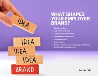 WHAT SHAPES
YOUR EMPLOYER
BRAND?
•	 Company culture
•	 Corporate brand image
•	 Company mission statement
•	 Employee value proposition
•	 Employee content
•	 Online reviews
•	 General perception of your company, both internal
and external, past and present
 