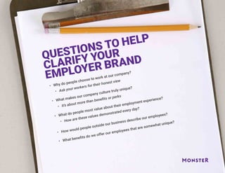 QUESTIONS TO HELP
CLARIFY YOUR
EMPLOYER BRAND
•	 Why do people choose to work at our company?
•	 Ask your workers for their honest view
•	 What makes our company culture truly unique?
•	 It’s about more than benefits or perks
•	 What do people most value about their employment experience?
•	 How are these values demonstrated every day?
•	 How would people outside our business describe our employees?
•	 What benefits do we offer our employees that are somewhat unique?
 