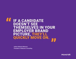 IF A CANDIDATE
DOESN’T SEE
THEMSELVES IN YOUR
EMPLOYER BRAND
PICTURE, THEY’LL
QUICKLY MOVE ON.
“
Author Roberta Matuson,
President of Matuson Consulting
“
 