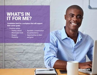 WHAT'S IN
IT FOR ME?
Candidates look for a workplace that will support
their career goals:
•	 Positive values
•	 Feeling valued
•	 Meaningful work
•	 Respect
•	 Flexibility
•	 Equitable compensation
for performance
•	 Opportunities to learn
and grow
 