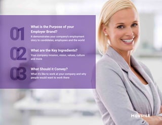 What is the Purpose of your
Employer Brand?
It demonstrates your company’s employment
story to candidates, employees and the world
What are the Key Ingredients?
Your company mission, vision, values, culture
and more
What Should it Convey?
What it’s like to work at your company and why
people would want to work there
01
02
03
 