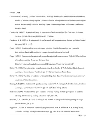 24 | P a g e
Sources Cited
California State University. (2010). California State University launches bold graduation intiative to increase
number of students earning degrees: Effort also aimed at helping more underserved students complete
college [Press release]. Retrieved from http://www.calstate.edu/pa/news/2010/release/2graduation-
initiative.shtml
Crockett, D. S. (1978). Academic advising: A cornerstone of student retention. New Directions for Student
Services, 1978(3), 29–35. doi:10.1002/ss.37119780306
Crookston, B. B. (1972). A developmental view of academic advising as teaching. Journal of College Student
Personnel, 13(1), 12–17.
Cuseo, J. (2003). Academic advisement and student retention: Empirical connections and systematic
interventions. Retrieved from http://www.geocities.ws/jccadjunct/advret.html
Cuseo, J. (2012). Assessment of academic advisors and academic advising programs. NACADA Clearinghouse
of Academic Advising Resources. Retrieved from
https://www.nacada.ksu.edu/Commissions/C32/documents/Cuseo_Marymount1.pdf
Habley, W. (2000). Current practices in academic advising. In V. Gordon & W. R. Habley (Eds.), Academic
Advising: A Comprehensive Handbook (pp. 35–43). San Francisco: Jossey-Bass.
Habley, W. (2004). The status of academic advising: Findings from the ACT sixth national survey. National
Academic Advising Association.
Harding, V. N. (2008). Students with specific advising needs. In W. R. Habley & V. Gordon (Eds.), Academic
Advising: A Comprehensive Handbook (pp. 189–203). John Wiley & Sons.
Harrison, E. (2009). What constitutes good academic advising? Nursing students’ perceptions of academic
advising. The Journal of Nursing Education, 48(7), 361–366.
Heisserer, D. L., & Parette, P. (2002). Advising at-risk students in college and university settings. College
Student Journal, 36(1), 69.
Higginson, L. (2000). A framework for training program content. In V. N. Gordon & W. R. Habley (Eds.),
Academic Advising: A Comprehensive Handbook (pp. 298–307). San Francisco: Jossey-Bass.
 