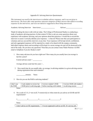 35 | P a g e
Appendix B: Advising Interview Questionnaire
This instrument was used by the interviewers to tabulate advisor responses, and it was not given to
interviewees. The boxes after some questions represent categories of likely answers that aided in recording
responses by the interviewer, and were not shared or suggested to those being interviewed.
Academic Advising Interview Interviewer: Advisor:
Thank for taking the time to talk with me today. The College of Professional Studies is conducting a
study of academic advising practices. In that context I’d like to ask you some questions about your
experience with academic advising, and your opinions about best practices. I would like to record this
interview to assure I correctly tabulate your responses – is that ok? Please note that your participation is
voluntary and you can end this interview at any time. Your responses will be kept strictly confidential,
and only aggregated responses will be reported in a study to be shared with the campus community.
Individual response sheets and recordings will be kept in a secure storage site and will be destroyed at the
end of the study. Do you have any questions? Note that you can contact Anna Thaler Petersen via HSU
email or telephone if you do. Ready to start?
1. How many advisees do you have right now? How many do you usually have (on average in
last few years)?
Current advisee count =
Average advisee count last few years =
2. How much time do you usually take, on average, in advising students in a given advising session
during registration time each semester?
minutes. Notes
3. How do you use the DAR in advising students?
I don’t use
the DAR
I ask student to review her
DAR prior to advising appt.
I review student’s DAR
before meeting with student
I review DAR with student
in advising session
Notes
4. On a scale of 1-5, (1=not at all, 5=extensively) to what extent do you advise on GEAR and GE
requirements?
1 2 3 4 5
Notes
I don’t advise on GE requirements. I’m not supposed to advise on GE. It’s not my job.
 