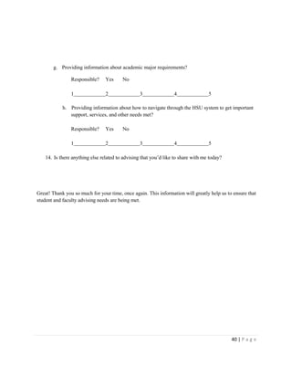 40 | P a g e
g. Providing information about academic major requirements?
Responsible? Yes No
1 2 3 4 5
h. Providing information about how to navigate through the HSU system to get important
support, services, and other needs met?
Responsible? Yes No
1 2 3 4 5
14. Is there anything else related to advising that you’d like to share with me today?
Great! Thank you so much for your time, once again. This information will greatly help us to ensure that
student and faculty advising needs are being met.
 