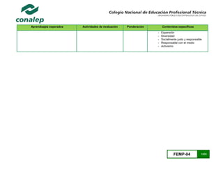 FEMP-04 13/23
Aprendizajes esperados Actividades de evaluación Ponderación Contenidos específicos
- Expansión
- Diversidad
- Socialmente justo y responsable
- Responsable con el medio
- Activismo
 