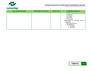 FEMP-04 15/23
Aprendizajes esperados: Actividades de evaluación Ponderación Contenidos específicos
- Atender disposiciones de empresa
o institución.
- Formalidad
- Concreción
- Orden lógico
 Elaboración de curriculum vitae de
vanguardia
- Marketing personal
- Características
 De forma
 De fondo
 