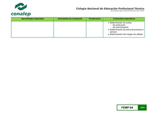 FEMP-04 20/23
Aprendizajes esperados Actividades de evaluación Ponderación Contenidos específicos
 Determinación de costos
- De producción
- De administración
 Determinación de precio de producto o
servicio
 Determinación del margen de utilidad.
 