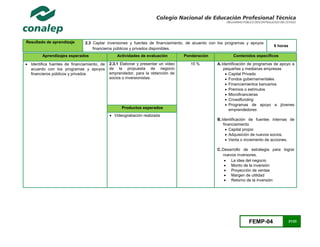 FEMP-04 21/23
Resultado de aprendizaje 2.3 Captar inversiones y fuentes de financiamiento, de acuerdo con los programas y apoyos
financieros públicos y privados disponibles.
6 horas
Aprendizajes esperados Actividades de evaluación Ponderación Contenidos específicos
 Identifica fuentes de financiamiento, de
acuerdo con los programas y apoyos
financieros públicos y privados
2.3.1 Elaborar y presentar un video
de la propuesta de negocio
emprendedor, para la obtención de
socios o inversionistas.
15 % A.Identificación de programas de apoyo a
pequeñas y medianas empresas
 Capital Privado
 Fondos gubernamentales
 Financiamientos bancarios
 Premios o estímulos
 Microfinancieras
 Crowdfunding
 Programas de apoyo a jóvenes
emprendedores
B.Identificación de fuentes internas de
financiamiento
 Capital propio
 Adquisición de nuevos socios.
 Venta o incremento de acciones.
C.Desarrollo de estrategia para lograr
nuevos inversores.
 La idea del negocio
 Monto de la inversión
 Proyección de ventas
 Margen de utilidad
 Retorno de la inversión
Productos esperados
 Videograbación realizada
 