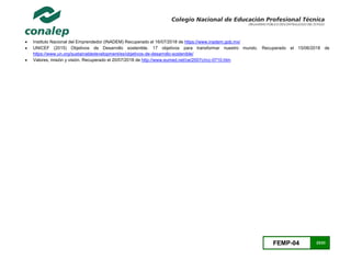FEMP-04 23/23
 Instituto Nacional del Emprendedor (INADEM) Recuperado el 16/07/2018 de https://www.inadem.gob.mx/
 UNICEF (2015) Objetivos de Desarrollo sostenible. 17 objetivos para transformar nuestro mundo. Recuperado el 15/06/2018 de
https://www.un.org/sustainabledevelopment/es/objetivos-de-desarrollo-sostenible/
 Valores, misión y visión. Recuperado el 20/07/2018 de http://www.eumed.net/ce/2007c/rcc-0710.htm
 
