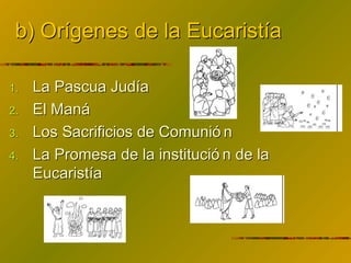 b) Orígenes de la Eucaristíab) Orígenes de la Eucaristía
1.1. La Pascua JudíaLa Pascua Judía
2.2. El ManáEl Maná
3.3. Los Sacrificios de Comunió nLos Sacrificios de Comunió n
4.4. La Promesa de la institució n de laLa Promesa de la institució n de la
EucaristíaEucaristía
 
