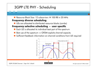 3GPP LTE PHY - Scheduling
                                                                                                                                                                                                                 12

            Resource Block Size: 12 subcarriers                                                                              100 RB in 20 MHz
     Frequency diverse scheduling
            UEs are allocated to distributed resource blocks (combs)
     Frequency selective scheduling - user specific
            Each UE is allocated its individual best part of the spectrum
            Best use of the spectrum ⇒ OFDM exploits channel capacity
            Sufficient feedback information on channel conditions from UE required
                                                                                                10
                                             Relativ e subcarrier power at receiving UE in dB




                                                                                                                                                A llo c a t e d t o U E 2
                                                                                                 8

                                                                                                          A l lo c a t e d
                                                                                                 6
                                                                                                              to U E 1

                                                                                                 4


                                                                                                 2


                                                                                                 0


                                                                                                -2


                                                                                                -4
                                                                                                     0   50              10 0             1 50               20 0       2 50     30 0
                                                                                                                                S u b c a rr ie r in d e x




3GPP LTE/SAE Overview / Sept. 06 / U.Barth                                                                                                                                     All rights reserved © 2006, Alcatel
 