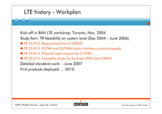LTE history - Workplan
                                                                                                             5




     Kick-off in RAN LTE workshop: Toronto, Nov. 2004
     Study Item: TR feasibility on system level (Dec 2004 – June 2006)
        TR 25.913: Requirements for E-UTRAN
        TR 25.813: EUTRA and EUTRAN radio interface protocol aspects
        TR 25.814: Physical layer aspects for E-UTRA
        TR 25.912: Feasibility Study for Evolved UTRA and UTRAN
     Detailed standard work: - June 2007
     First products deployed … 2010




3GPP LTE/SAE Overview / Sept. 06 / U.Barth                             All rights reserved © 2006, Alcatel
 