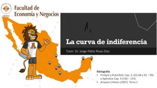 Tutor: Dr. Jorge Pablo Rivas Díaz
La curva de indiferencia
Bibliografía
• Pindyck y Rubinfeld, Cap. 3, (63-68 y 92 – 99)
y Apéndice Cap. 4 (140 – 143)
• Amparo Urbano (2007). Tema 1
 
