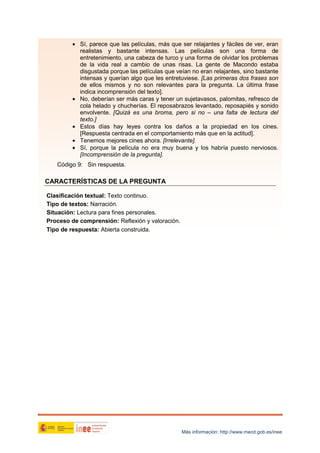 • Sí, parece que las películas, más que ser relajantes y fáciles de ver, eran
realistas y bastante intensas. Las películas son una forma de
entretenimiento, una cabeza de turco y una forma de olvidar los problemas
de la vida real a cambio de unas risas. La gente de Macondo estaba
disgustada porque las películas que veían no eran relajantes, sino bastante
intensas y querían algo que les entretuviese. [Las primeras dos frases son
de ellos mismos y no son relevantes para la pregunta. La última frase
indica incomprensión del texto].
• No, deberían ser más caras y tener un sujetavasos, palomitas, refresco de
cola helado y chucherías. El reposabrazos levantado, reposapiés y sonido
envolvente. [Quizá es una broma, pero si no – una falta de lectura del
texto.]
• Estos días hay leyes contra los daños a la propiedad en los cines.
[Respuesta centrada en el comportamiento más que en la actitud].
• Tenemos mejores cines ahora. [Irrelevante].
• Sí, porque la película no era muy buena y los habría puesto nerviosos.
[Incomprensión de la pregunta].
Código 9: Sin respuesta.

CARACTERÍSTICAS DE LA PREGUNTA
Clasificación textual: Texto continuo.
Tipo de textos: Narración.
Situación: Lectura para fines personales.
Proceso de comprensión: Reflexión y valoración.
Tipo de respuesta: Abierta construida.

Más información: http://www.mecd.gob.es/inee

 