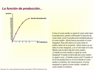Como el costo medio es igual al costo total entre la producción, puedes reformular la función de costo total, como la producción multiplicada por el costo medio. Ahora busca encontrar el costo marginal. Para ello deriva el costo total en ambos lados de la ecuación. Ahora tienes en un lado el costo marginal, y en el otro lado el Costo Medio más la derivada del costo medio. ¿Cuándo el costo medio es igual al costo marginal? Cuando la derivada del costo medio es igual a cero. ¿Cuándo ocurre esto? Cuando el nivel de producción es el nivel donde el costo medio es mínimo. En consecuencia, el costo marginal es igual al costo medio, cuando el costo medio es mínimo.  