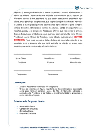CONCENTRO - FEDERAÇÃO DAS EMPRESAS JUNIORES DO DISTRITO FEDERAL
www.concentrodf.org
seguinte: a) aprovação do Estatuto, b) eleição do primeiro Conselho Administrativo, c)
eleição da primeira Diretoria Executiva. Iniciados os trabalhos de pauta, o (a) Sr. (a)
Presidente solicitou a mim, secretário (a), que lesse o Estatuto que encontra-se logo
abaixo, artigo por artigo, aos presentes, que o aprovaram por unanimidade. Aprovado
o Estatuto e dando prosseguimento aos trabalhos, apresentaram-se para compor o
primeiro Conselho Administrativo (nomes dos alunos). Dando prosseguimento aos
trabalhos, passou-se à eleição dos Associados Efetivos que irão compor a primeira
Diretoria Executiva da entidade ora criada que ficou assim constituída: nome (Diretor-
Presidente), nome (Diretor de Projetos), nome (Diretor Administrativo) (OUTROS
DIRETORES). Nada mais havendo a tratar, declarou-se encerrada a reunião e eu,
secretário, lavrei a presente ata, que será assinada na relação em anexo pelos
presentes, que serão considerados sócios fundadores.
------------------------------- -------------------------------- ---------------------
Nome Diretor Nome Diretor Nome Diretor
Presidente Projetos Administrativo
----------------------------- -------------------------------
Testemunha Testemunha
Observações:
• A Ata da Assembléia vai lavrada em livro próprio.
• O texto do estatuto pode figurar na própria Ata de constituição da associação,
como pode também constituir anexo da Ata, devidamente, rubricado e
assinado pelo Presidente e por todos os membros fundadores presentes, e
com o visto do advogado.
Estrutura da Empresa Júnior
• Assembléia Geral;
• Conselho Consultivo;
• Conselho Fiscal;
• Diretoria Executiva.
 