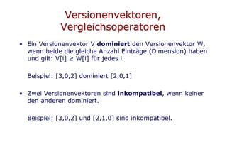 Versionenvektoren,
             Vergleichsoperatoren
• Ein Versionenvektor V dominiert den Versionenvektor W,
  wenn beide die gleiche Anzahl Einträge (Dimension) haben
  und gilt: V[i] ≥ W[i] für jedes i.

  Beispiel: [3,0,2] dominiert [2,0,1]

• Zwei Versionenvektoren sind inkompatibel, wenn keiner
  den anderen dominiert.

  Beispiel: [3,0,2] und [2,1,0] sind inkompatibel.
 