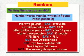 Numbers Number words must be written in figures (when possible) over two pounds –  SAY:  over 2 lbs. six million dollars –  SAY:  $6 M after thrity-one years –  SAY:  after 31 years eighty three people –  SAY:  83 people 4.78 liters –  SAY:  4.78 L  BUT:  two 20-dollar bills – NOT:  two twenty-dollar bills five 75-year old men –  NOT:  five seventy-five-year old men Writing Numbers as an HKA 