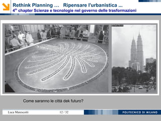 Luca Marescotti 12 / 38
4.3. TECHNOLOGIES PRODUCT: THE BUILT ENVIRONMENT
4.3.1. Spontaneous cities, abusive cities
4.3.2. Expansions and a new way of planning
4.3.3. Infrastructure
4.3.4. For a theory of urbanism in the context of ecology:
programs for research
4.3.5. The becoming of the city and the territory.
Rethink Planning … Ripensare l'urbanistica ...
4th
chapter Scienze e tecnologie nel governo delle trasformazioni
 