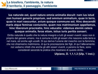 Luca Marescotti 31 / 38
“A sinistra, in posizione elevata, si trova la Sapienza Divina, incoronata, alata
e con un libro in mano. Con la mano destra tiene una bilancia, sui cui piatti
due angeli amministrano i due rami della giustizia secondo la tradizione
aristotelica: "distributiva" (a sinistra) e "commutativa" (a destra). Il primo
angelo decapita un uomo e ne incorona un altro. Il secondo angelo consegna
a due mercanti gli strumenti di misura nel commercio: lo staio per misurare il
grano e il sale e due strumenti di misura lineare (a Siena si usavano la
"canna" e il "passetto"). La bilancia è amministrata dalla Giustizia in trono,
virtù ed istituzione cittadina che però è solo amministratrice, essendo la
Sapienza Divina, l'unica a reggere il peso della bilancia e verso cui la
Giustizia stessa volge lo sguardo. Dalle vite dei due angeli partono due corde
che si riuniscono per mano della Concordia, diretta conseguenza della
Giustizia e assisa anch'essa su una sedia e con in grembo una pialla, simbolo
di uguaglianza e "livellatrice" dei contrasti. La corda è tenuta in pugno da
ventiquattro cittadini allineati a fianco della Concordia e simboleggianti la
comunità di Siena. Questi sono vestiti in maniera diversa e sono quindi di
varia estrazione sociale e di varia professione.“
WIKIPEDIA
Rethink Planning … Ripensare l'urbanistica ...
4th
chapter Per una teoria dell’urbanistica in ambito ecologico
 