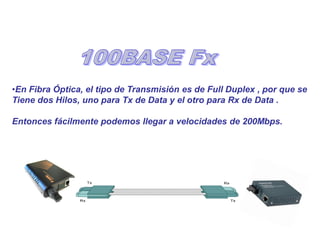 •En Fibra Óptica, el tipo de Transmisión es de Full Duplex , por que se
Tiene dos Hilos, uno para Tx de Data y el otro para Rx de Data .
Entonces fácilmente podemos llegar a velocidades de 200Mbps.
 
