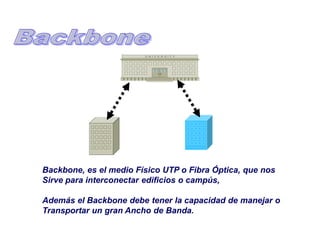 U N I V E R S I T YU N I V E R S I T Y
Backbone, es el medio Físico UTP o Fibra Óptica, que nos
Sirve para interconectar edificios o campús,
Además el Backbone debe tener la capacidad de manejar o
Transportar un gran Ancho de Banda.
 