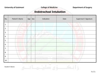 University of Sulaimani                  College of Medicine          Department of Surgery

                                     Endotracheal Intubation

No.       Patient’s Name   Age Sex        Indication           Date      Supervisor’s Signature


1.

2.

3.

4.

5.

6.

7.

8.

9.

10.


Student’s Name:


                                                                                             DasTan
 