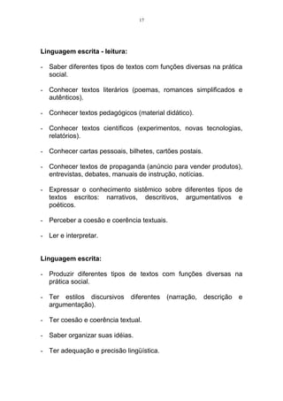 17




Linguagem escrita - leitura:

- Saber diferentes tipos de textos com funções diversas na prática
  social.

- Conhecer textos literários (poemas, romances simplificados e
  autênticos).

- Conhecer textos pedagógicos (material didático).

- Conhecer textos científicos (experimentos, novas tecnologias,
  relatórios).

- Conhecer cartas pessoais, bilhetes, cartões postais.

- Conhecer textos de propaganda (anúncio para vender produtos),
  entrevistas, debates, manuais de instrução, notícias.

- Expressar o conhecimento sistêmico sobre diferentes tipos de
  textos escritos: narrativos, descritivos, argumentativos e
  poéticos.

- Perceber a coesão e coerência textuais.

- Ler e interpretar.


Linguagem escrita:

- Produzir diferentes tipos de textos com funções diversas na
  prática social.

- Ter estilos discursivos diferentes (narração,          descrição   e
  argumentação).

- Ter coesão e coerência textual.

- Saber organizar suas idéias.

- Ter adequação e precisão lingüística.
 