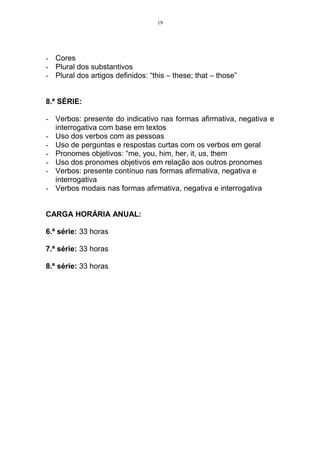 19




- Cores
- Plural dos substantivos
- Plural dos artigos definidos: “this – these; that – those”


8.ª SÉRIE:

- Verbos: presente do indicativo nas formas afirmativa, negativa e
  interrogativa com base em textos
- Uso dos verbos com as pessoas
- Uso de perguntas e respostas curtas com os verbos em geral
- Pronomes objetivos: “me, you, him, her, it, us, them
- Uso dos pronomes objetivos em relação aos outros pronomes
- Verbos: presente contínuo nas formas afirmativa, negativa e
  interrogativa
- Verbos modais nas formas afirmativa, negativa e interrogativa


CARGA HORÁRIA ANUAL:

6.ª série: 33 horas

7.ª série: 33 horas

8.ª série: 33 horas
 