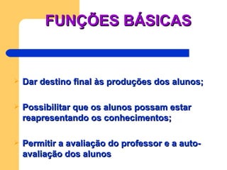 FUNÇÕES BÁSICAS


   Dar destino final às produções dos alunos;

   Possibilitar que os alunos possam estar
    reapresentando os conhecimentos;

   Permitir a avaliação do professor e a auto-
    avaliação dos alunos
 