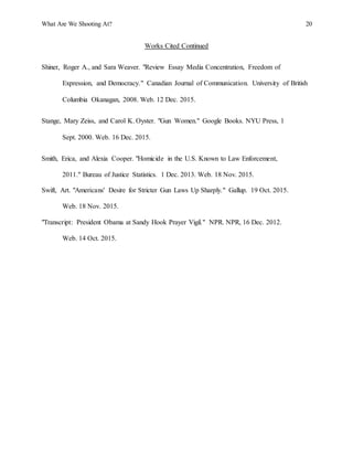 What Are We Shooting At? 20
Works Cited Continued
Shiner, Roger A., and Sara Weaver. "Review Essay Media Concentration, Freedom of
Expression, and Democracy." Canadian Journal of Communication. University of British
Columbia Okanagan, 2008. Web. 12 Dec. 2015.
Stange, Mary Zeiss, and Carol K. Oyster. "Gun Women." Google Books. NYU Press, 1
Sept. 2000. Web. 16 Dec. 2015.
Smith, Erica, and Alexia Cooper. "Homicide in the U.S. Known to Law Enforcement,
2011." Bureau of Justice Statistics. 1 Dec. 2013. Web. 18 Nov. 2015.
Swift, Art. "Americans' Desire for Stricter Gun Laws Up Sharply." Gallup. 19 Oct. 2015.
Web. 18 Nov. 2015.
"Transcript: President Obama at Sandy Hook Prayer Vigil." NPR. NPR, 16 Dec. 2012.
Web. 14 Oct. 2015.
 