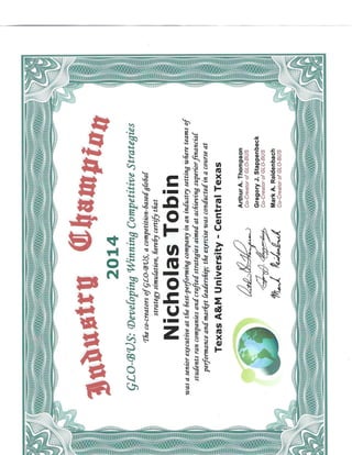 GLO-BUS Industry Champion Certificate