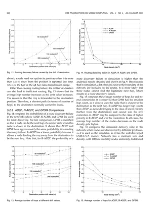 346                                                             IEEE TRANSACTIONS ON MOBILE COMPUTING,     VOL. 4,   NO. 4, JULY/AUGUST 2005




Fig. 12. Routing discovery failure caused by the drift of destination.    Fig. 14. Routing discovery failure in AO2P, R-AO2P, and GPSR.

above), a node need not update its position unless it is more             route discovery failure in simulation is higher than the
than 125 m away from the position it reported last time.                  analytical results obtained and shown in Fig. 9. The reason is
125 m is the half of the ad hoc radio transmission range.                 that in simulation, a lot of nodes close to the boundary of the
   Other than causing routing failure, the drift of destination           network are included in the routes. It is more likely that
can also lead to inefficient routing. Fig. 13 shows that the              these nodes cannot find the legitimate next hop, which
average hop number increases as the drift value increases.                results in a route discovery failure.
                                                                             Fig. 15 compares the average number of hops for end-to-
The reason is that the rreq is forwarded to the destination
                                                                          end connections. It is observed that GPSR has the smallest
position. Therefore, a shortest path (in terms of number of
                                                                          hop count, as it always uses the node that is closest to the
hops) to the destination normally cannot be found.                        destination as the next hop. R-AO2P has larger hop counts
                                                                          than AO2P, as nodes belonging to the class of lower priority
5.2.3 AO2P, R-AO2P, and GPSR Comparisons
                                                                          (farther from the destination) and cannot win the hrep
Fig. 14 compares the probabilities of a route discovery failure           contention in AO2P may be assigned to the class of higher
in the networks where AO2P, R-AO2P, and GPSR are used                     priority in R-AO2P and win the contention. In all cases, the
for route discovery. For fair comparison, GPSR is modified                average hop number of the routes decreases as the node
so that a node can be the next hop of a sender only when this             density gets higher.
node is closer to the destination. It shows that AO2P and                    Fig. 16 compares the simulated delivery ratio in the
GPSR have approximately the same probability for a routing                network when routes are discovered by different protocols.
discovery failure. R-AO2P has a lower probability because it              ns-2 is used as the simulator, as it has the well-developed
allows a node leading the rreq away from the destination to               CSMA/CA model. Network has a medium size and
be the next hop. Note that, for R-AO2P, the probability of a              density, with 100 low-mobility nodes uniformly distributed




Fig. 13. Average number of hops at different drift values.                Fig. 15. Average number of hops for AO2P, R-AO2P, and GPSR.
 