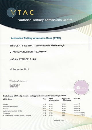 Australian Tertiary Admission Rank (ATAR)
THIS CERTIFIES THAT: James Edwin Riseborough
VTACA/CAA NUMBER 1O22OO44W
HAS AN ATAR OF 91.05
17 December 2012
^9.o'
a
.s
9
;p
b
,
*5"f "hungus
co/or.,,
r" %.,
c.
a
s
2
"%
%.u,uro
",r, .
Used AsVCAA Study
Eng lish
Specialist Mathematics
Physics
Mathematical Methods (CAS)
Philosophy
VCE Languages. Chinese Second Language
Year
2012
2012
2012
2011
2012
2012
29.95
44.25
41.58
38 43
37.28
32.64
ATAR Aggregate
SubjectScore Contribution
29.95
44 25
41.58
38.43
J. IZ
3.26
Aggregate = 161 .1
primary 4
primary 4
primary 4
primary 4
(increment: 10%)
(increment: 10%)
Fio-1,,,^"-t-^-l€-^,1-
ELAINE WENN
DIRECTOR
The following ATAR subject scores and aggregate were used to calculate your ATAR
 