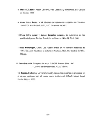 8. Melucci, Alberto: Acción Colectiva, Vida Cotidiana y democracia. Ed. Colegio
de México, 1999.
9. Pérez Silva, Ángel, et al. Memoria de encuentros indígenas en Veracruz
1995-2001. ASER-MAIZ, IVEC, SEC .Diciembre de 2003.
10.Pérez Silva, Ángel y Muñoz González, Ángeles. La Autonomía de los
pueblos indígenas. Revista Transición en Veracruz. Núm.34. Abril, 2001
11.Ruiz Mondragón, Laura. Los Pueblos Indios en los comicios federales de
1997. Ce-Acatl. Revista de la Cultura de Anáhuac. Núm. 88. Octubre de 1997.
México.
12. Touraine Alain, El regreso del actor. EUDEBA. Buenos Aires 1997.
---, Crítica de la modernidad. F.C.E. México.
13. Zepeda, Guillermo. La Transformación Agraria: los derechos de propiedad en
el campo mexicano bajo el nuevo marco institucional. CIDAC- Miguel Ángel
Porrúa. México, 2000.
120
 