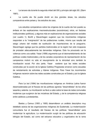 • La tercera ola durante la segunda mitad del XIX y principio del siglo XX. (Stern
1987).
• La cuarta ola. Se puede dividir en dos grandes áreas; los estudios
comparativos entre países y los estudios de caso.
Los estudios comparativos sobre los orígenes de la cuarta ola han puesto su
énfasis en las explicaciones macroestructurales (económicas); otros, en factores
institucionales (políticos), y algunos más en explicaciones de organizaciones sociales
(ver cuadro 1). Bonfil y Stavenhagen sugieren que los movimientos indígenas
responden a la “marginación” de las poblaciones rurales, misma que resulta del
sesgo urbano del modelo de sustitución de importaciones de la posguerra.
Stavenhagen agrega que los partidos tradicionales en la región han sido incapaces
de proceder adecuadamente las demandas indígenas. Esto ha provocado ver la
violencia como una salida. Yasar (1998) argumenta que el desmantelamiento de las
políticas rurales tradicionales y de los canales corporativos de representación de los
campesinos motivó no sólo el resurgimiento de la étnicidad sino también la
movilización social. Por otra parte, Yasar sostiene que las redes sociales
construidas por la acción de la Iglesia Católica Progresista sirvieron como escuelas
de reclutamiento de activistas y líderes indígenas. Para Yasar los movimientos
indígenas nacieron sobre las redes sociales construidas por el Estado y por la Iglesia
Católica.
Para Le bot (1994) las movilizaciones indígenas en América Latina fueron
desencadenadas por el fracaso de las políticas agrarias “desarrollistas” de los años
sesenta y setenta. La movilización se llevó a cabo sobre la base de redes comunales
modernas que surgieron de las iniciativas del Estado, y de la competencia religiosa
entre católicos y protestantes.
Bastos y Camus (1993 y 1995) desarrollaron un análisis descriptivo muy
detallado acerca de las organizaciones indígenas de Guatemala. La modernización
comunitaria fue el resultado del fracaso de las políticas “desarrollistas” para
modernizar la agricultura. La modernización surgió de las políticas de educación
bilingüe del Estado, así como del esfuerzo educativo y organizativo de la rama
47
 