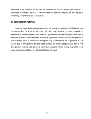habitantes pues, mientras en el país el promedio es de un médico por cada 1000
habitantes en Veracruz es de 0.7. Por mencionar un ejemplo, Veracruz en 2004 ocupa el
primer lugar en enfermos de Tuberculosis.
3.2 ESTRUCTURA POLITICA
Veracruz hasta la fecha sigue dominado por al antiguo régimen: PRI-Gobierno que
ya alcanza los 78 años en el poder. Si bien, hay cambios, ya que la oposición
representada sobretodo por el PAN y el PRD gobierna un alto porcentaje de municipios y
población (Ver en cuadro siguiente el avance significativo de los partidos de oposición),
aun no logran tener la mayoría en la legislatura y la alternancia en el gobernatura. Se
espera que el 2004 permita dar este salto, aunque los priistas aseguran que con el voto
duro ganaran una vez más. Lo que si se mira es una competencia seria y muy fuerte como
pocas veces se ha dado en la historia política de Veracruz.
72
 