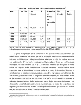 Cuadro # 4 Población total y Población indígena en Veracruz4
Año Pob. Total Pob.
Indígena
% Analbafeta
sin
drenaje
sin
electricida
d
Sin
drenaje
Sin
Electr.
1970 3, 815,
442
360, 309 9.44
1980 5, 387,680 634,208 11.77
1990 6,22,239 580,386 9.32
1995 6, 737,320 590, 829 8.7 45.7 93.9 65.1
2000 7, 878,
882
836 139 13. 3 33.3 82.1 31.0
Datos tomados Rosa Contreras, septiembre de 1998, Revista Transición # 19 y de
Indicadores socioeconómicos indígenas de México, INI-CONAPO.2002
La grave marginación, en la existencia de los pueblos indios adquiere tintes de
drama social. Un estudio nos indica que los 36 municipios de población mayoritariamente
indígena, en 1994 recibían del gobierno federal solamente el 4.8% del total de recursos
que recibieron los 207 municipios veracruzanos. El promedio de dinero que recibían estos
municipios por cada habitante fue de $ 43.53 anuales, cifra muy por debajo de la media
estatal del conjunto de los municipios ($ 76.88 por habitante). La capacidad de estos
municipios para la obtención de ingresos mediante el cobro de impuestos, derechos o
contribuciones, es prácticamente nula, debido a los pobres ingresos de sus habitantes. De
esta manera, para el desarrollo de programas de beneficio social, las comunidades están
en dependencia absoluta de las acciones y recursos de los gobiernos estatales y
federales. Las aportaciones de los gobiernos a través de los programas de Sedesol y de
obra estatal concertada son relativamente muy inferiores a la media del conjunto de las
regiones y los municipios del estado. Con ello podríamos afirmar que se vive una política
del gasto público que discrimina a los pueblos indígenas.
4 Los datos son tomados de niños de cinco años en adelante y no se cuenta a los indígenas que no hablan la
lengua pero son indios.
78
 