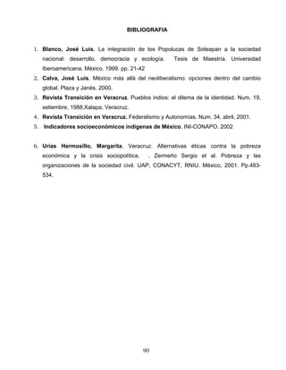 BIBLIOGRAFIA
1. Blanco, José Luis. La integración de los Popolucas de Soteapan a la sociedad
nacional: desarrollo, democracia y ecología. Tesis de Maestría. Universidad
Iberoamericana. México. 1999. pp. 21-42
2. Calva, José Luis. México más allá del neoliberalismo: opciones dentro del cambio
global. Plaza y Janés. 2000.
3. Revista Transición en Veracruz. Pueblos indios: el dilema de la identidad. Num. 19,
setiembre, 1988.Xalapa, Veracruz.
4. Revista Transición en Veracruz. Federalismo y Autonomías. Num. 34. abril, 2001.
5. Indicadores socioeconómicos indígenas de México, INI-CONAPO. 2002
6. Urías Hermosillo, Margarita. Veracruz: Alternativas éticas contra la pobreza
económica y la crisis sociopolítica. . Zermeño Sergio et al. Pobreza y las
organizaciones de la sociedad civil. UAP, CONACYT, RNIU. México, 2001. Pp.483-
534.
90
 